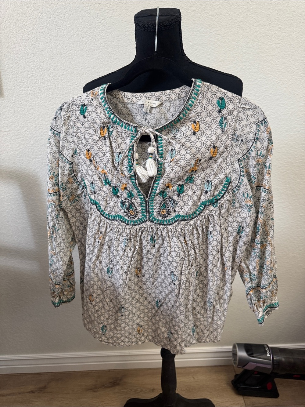 Lucky Brand Cream Tunic with Teal and Mustard Embroidery